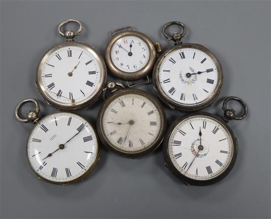 Five assorted silver or white metal fob watches and a silver wrist watch.